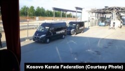 The Kosovar karate team is stopped at the Serbian border at Merdare on May 9.