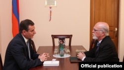 Armenia - Artak Zakarian (L), the chairman of the Armenian parliament’s committee on foreign affairs, meets with Israel’s ambassador to Armenia, Shmuel Meirom, in Yerevan, 21Aug2013.