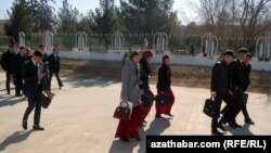 Turkmenistan. Students coming from school. People. February 2018