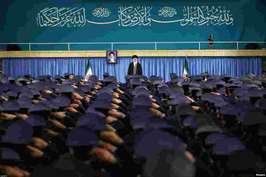 Iran&#39;s Supreme Leader Ayatollah Ali Khamenei arrives to deliver a speech in a meeting with military commanders in Tehran on February 7. (Reuters)