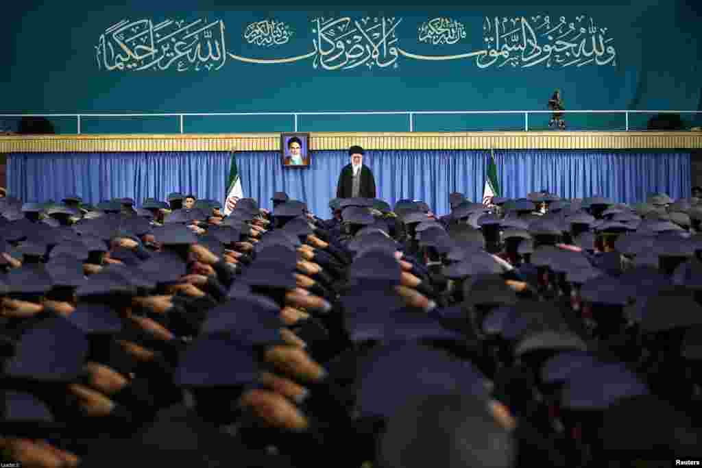 Iran's Supreme Leader Ayatollah Ali Khamenei arrives to deliver a speech in a meeting with military commanders in Tehran on February 7. (Reuters)