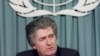 U.S.- Bosnian Serb leader Radovan Karadzic talks to reporters at a press conference, New York, 24Mar1993