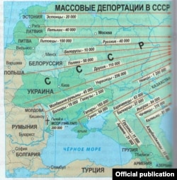 O hartă a deportărilor... (cf. Istoria românilor și universală, clasa a 9-a, Cartier, Chișinău, 2014, p. 86
