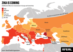 «Zika» virusunun Avropada və Asiyada yayılma təhlükəsi. Mənbə: ÜST