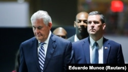 U.S. Secretary of State Rex Tillerson (left) exiting after a meeting of the parties to the Iran nuclear deal during the UN General Assembly in New York in September.