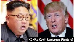 АҚШ президенті Дональд Трамп (оң жақта) пен Солтүстік Корея лидері Ким Чен Ынның фотоларынан коллаж.