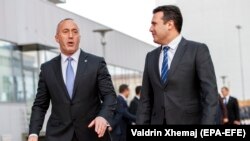 Kosovar Prime Minister Ramush Haradinaj (left) and his Macedonian counterpart, Zoran Zaev, in Pristina on December 12