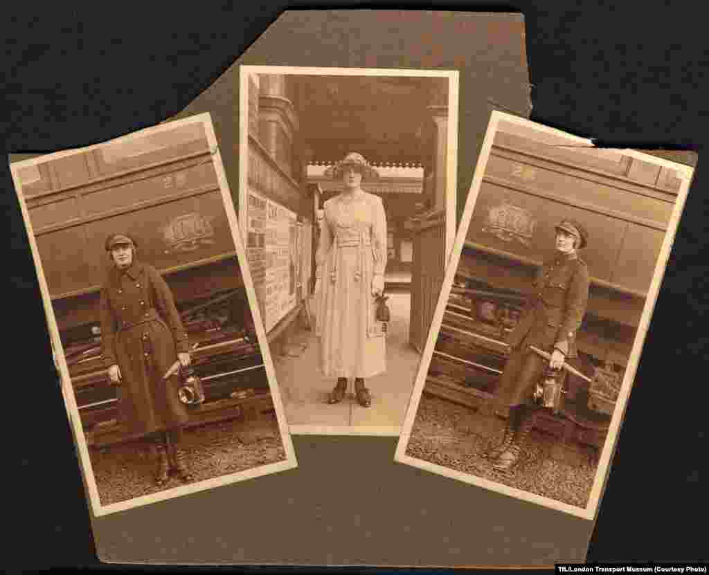 A Metropolitan Railway guard, Eva Carver, poses in her guard's uniform (left and right).