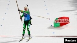 Дар'я Домрачава на фінішы алімпійскай эстафэты 4 на 6 кілямэтраў, у якой беларуская каманда заваявала залаты мэдаль