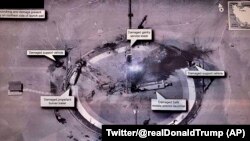 This image taken from the Twitter account of President Donald J. Trump, @realDonaldTrump, shows an undated photo of the aftermath of an explosion at Iran's Imam Khomeini Space Center in the country's Semnan province. 