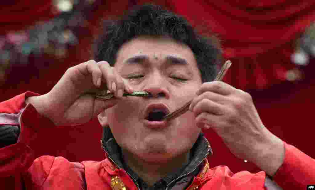 A performer passes a snake from his nose through his mouth during festivities to ring in the lunar new year festivities in Beijing, China. (AFP/Ed Jones)