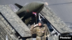 Armenia - The Armenian military demonstrates a Russian-made Tochka missile during a parade in Yerevan, September 21, 2016.