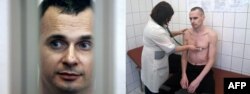 This combo photo shows Ukrainian film director Oleh Sentsov in a Russian courtroom in July 2015 and in a photo released on September 29 while undergoing a medical checkup.