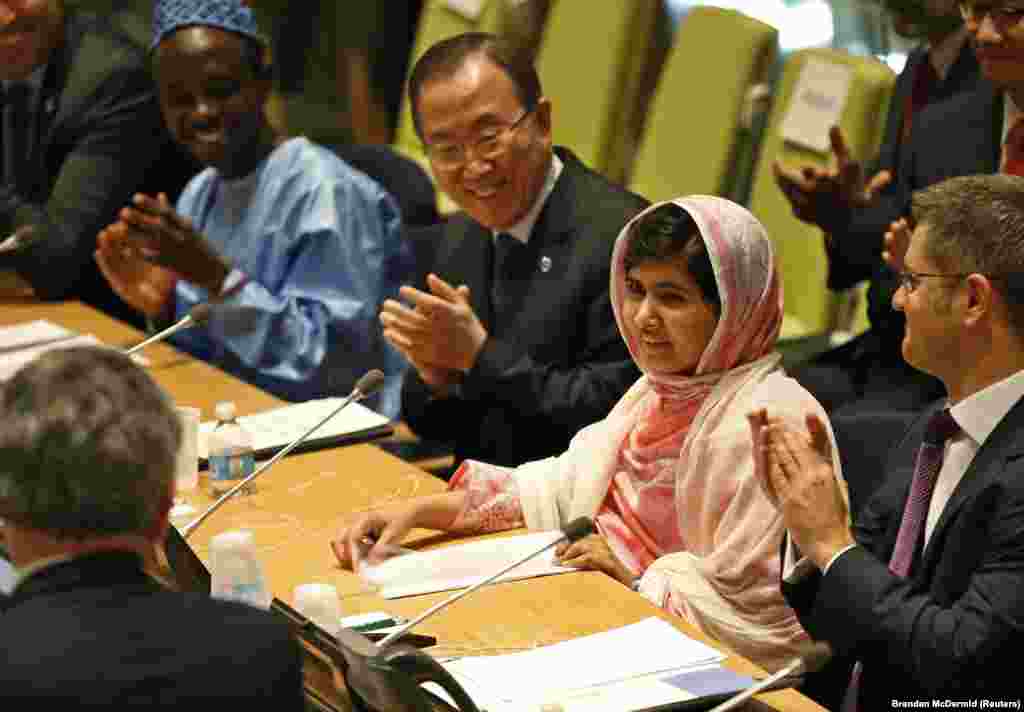 Yousafzai is introduced before her first speech after the Taliban tried to kill her at United Nations Headquarters in New York on July 12, 2013.