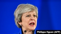 BELGIUM -- British Prime Minister Theresa May holds a press conference after the European Council meeting on Brexit at The Europa Building at The European Parliament in Brussels, April 11, 2019