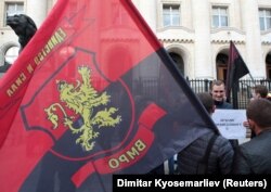 BULGARIA -- Supporters of Bulgaria's nationalist VMRO party take part in a demonstration outside the court building as the Supreme Court of Cassation holds an open hearing on whether it is able to reconsider an appeal court's decision to grant Australian