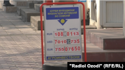 Душанбедегі ақша айырбастау пункіті алдындағы валюта бағамы көрсетілген тақта (Көрнекі сурет).