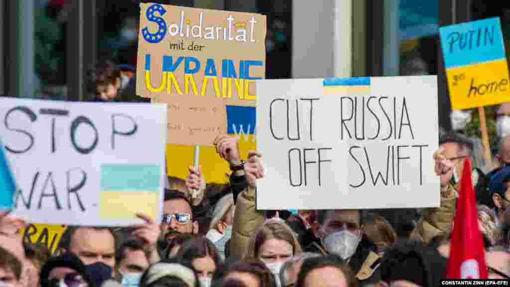 Demonstrators in Frankfurt, Germany, on February 26.