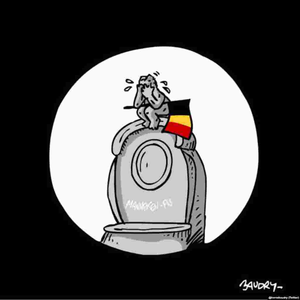 Një karikaturë që tregon skulpturën Manneken Pis duke qarë.&nbsp;Manneken Pis është një skulpturë e njohur bronzi në Bruksel, që përshkruan një djalë të vogël, duke urinuar në pellgun e një fontane.