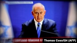 Israeli Prime Minister Benjamin Netanyahu delivers a statement live on I24 TV channel at the Prime Minister's office in Jerusalem, January 07, 2019