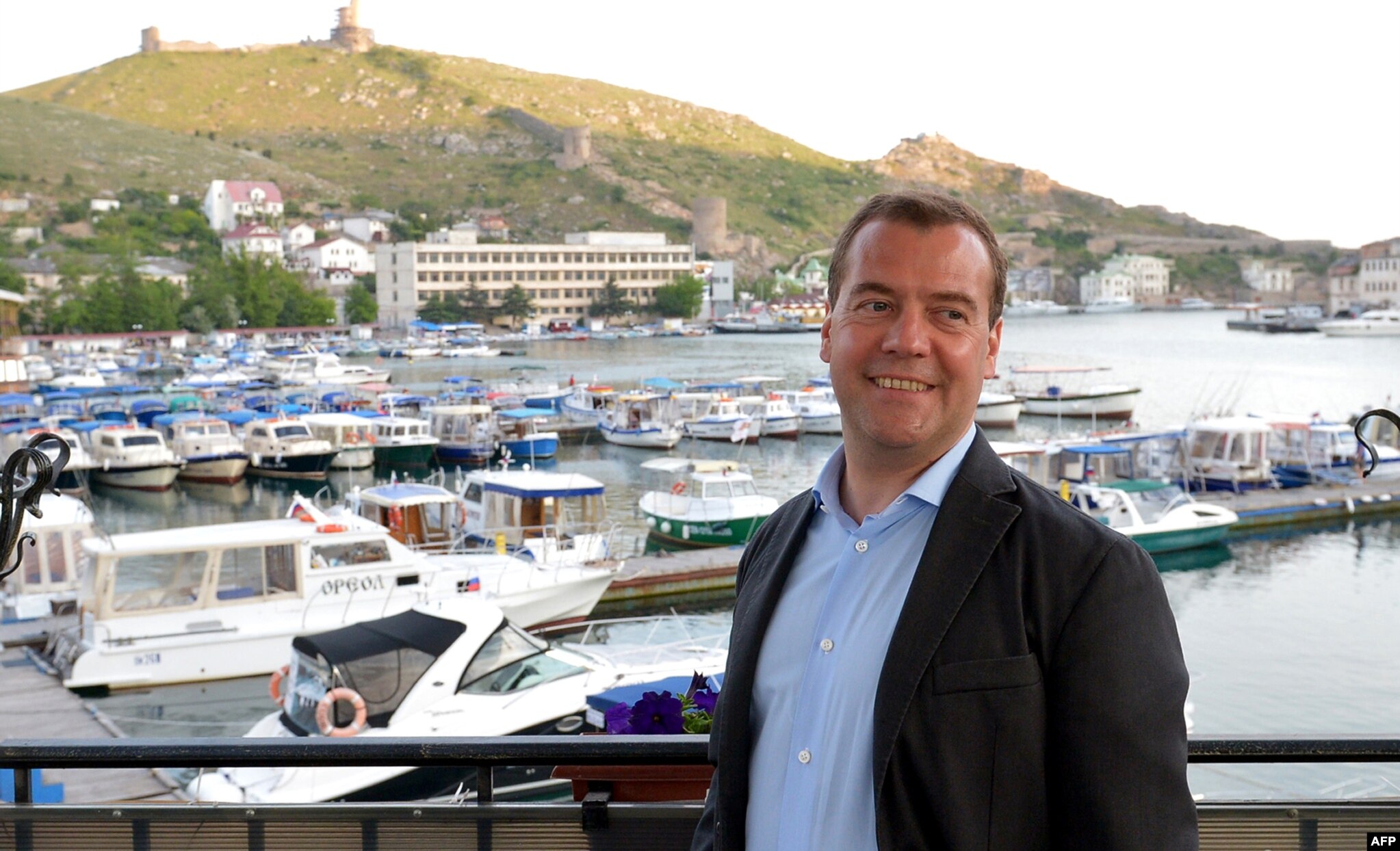 Medvedev, again prime minister, visits the Crimean port of Sevastopol on May 25, 2014. He was the first Russian leader to visit the Crimean Peninsula after it was annexed by Russia in March 2014. 