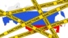 Generic – Russia Sanctions Concept. Yellow Tape with Sanctions Sign Against of Russia Map with Flag on a white background. 3d Rendering
