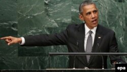 АҚШ президенті Барак Обама БҰҰ Бас ассамблеясы сессиясында сөйлеп тұр. Нью-Йорк, 27 қыркүйек 2015 жыл.