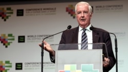 WADA chief Craig Reedie delivers a speech at the World Conference on Doping in Sport in Katowice, Poland, on November 7.