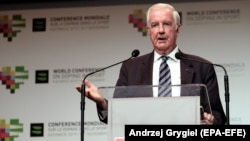 World Anti-Doping Agency chief Craig Reedie delivers a speech in Poland in November 2019.