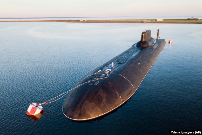 The Russian nuclear submarine Dmitry Donskoy is seen moored near Kronstadt, a seaport town 30 kilometers west of St. Petersburg, in July 2017.