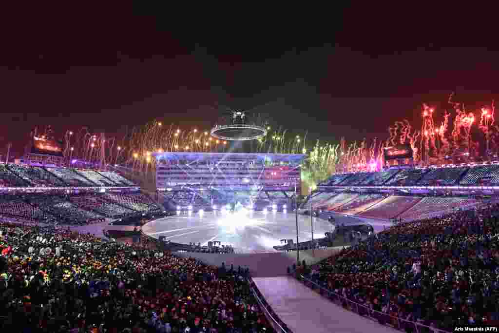 Following a spectacular firework show, more than 2,900 athletes from 92 nations marched into Pyeongchang Stadium.