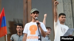 Armenia - "Electric Yerevan" protest leaders Narek Ayvazian (L) and Davit Sanasarian (R) hold a rally in Liberty Square, Yerevan, 10Jul2015.