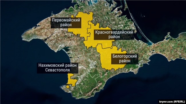 Райони Криму, де за указом президента РФ Володимира Путіна громадянам інших країн дозволено мати ділянки. Інфографіка