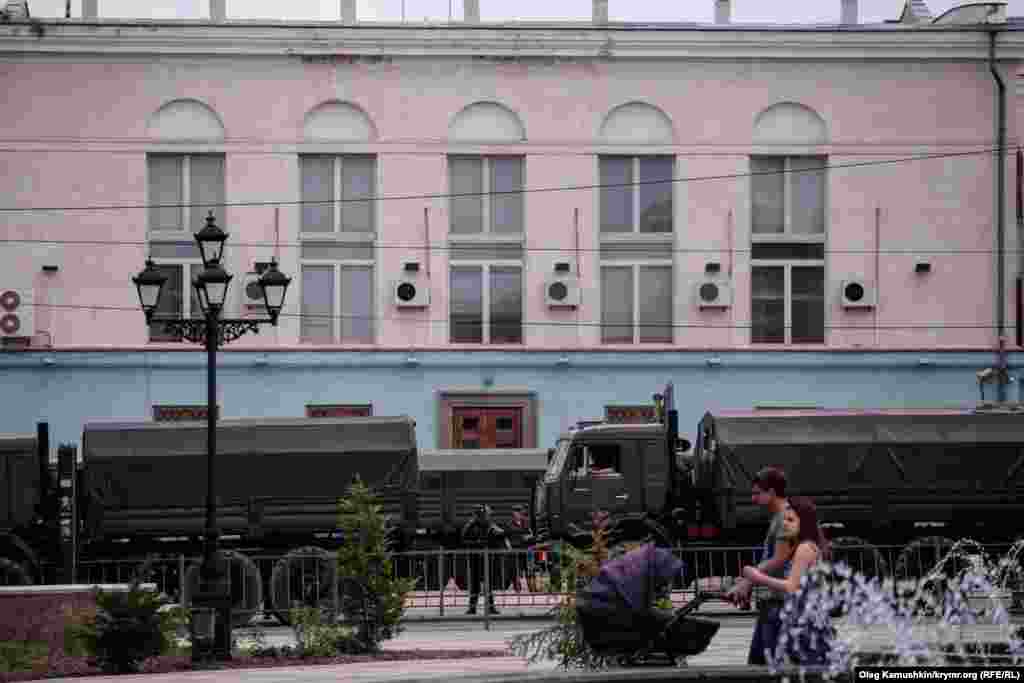 Russian riot police conducting exercises in the center of Simferopol annexed