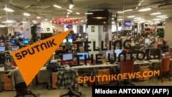 RUSSIA -- A view of the main newsroom of Sputnik news, part of the state run media group Russia Today, in Moscow, April 27, 2018.