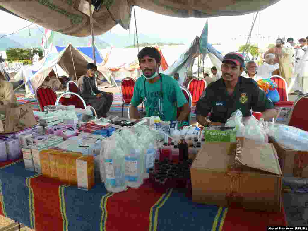 Vendors sell medical supplies at the protest camp. 