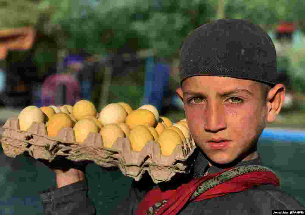 An Afghan child sells boiled eggs at a picnic spot on the outskirts of Kabul. Many young Afghans are unable to continue their education because they must work on the streets to be the breadwinners of the family. (epa-EFE/Jawad Jalili)