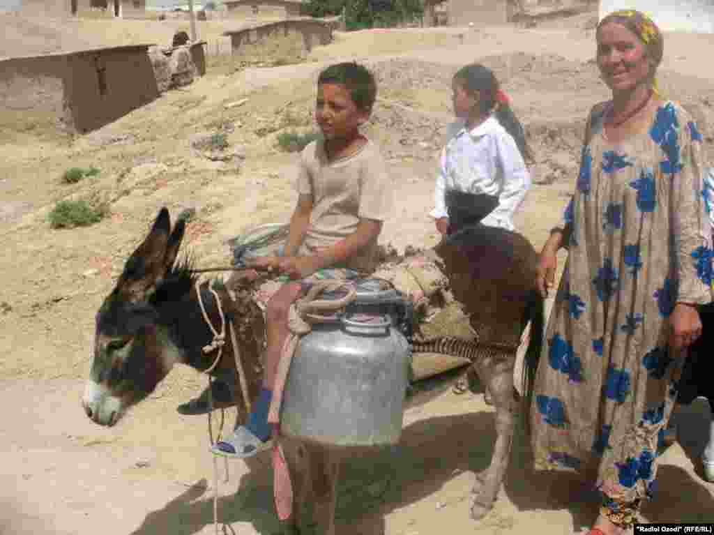 Villagers in Okmazor, Tajikistan, use a donkey to help transport drinking water.