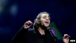 Salvador Sobral from Portugal performs the winning song at the Eurovision Song Contest in Kyiv.