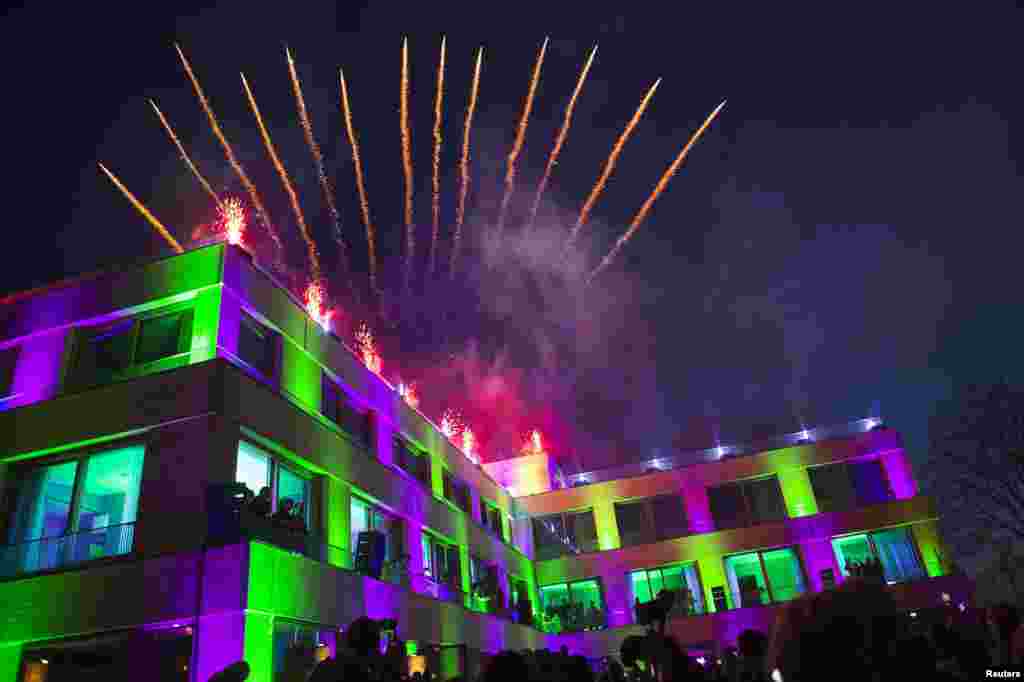 Fireworks light up the sky over the Swedish Music Hall of Fame during the inauguration of the new ABBA museum in Stockholm. (Reuters/Jonas Ekstromer/Scanpix Sweden)