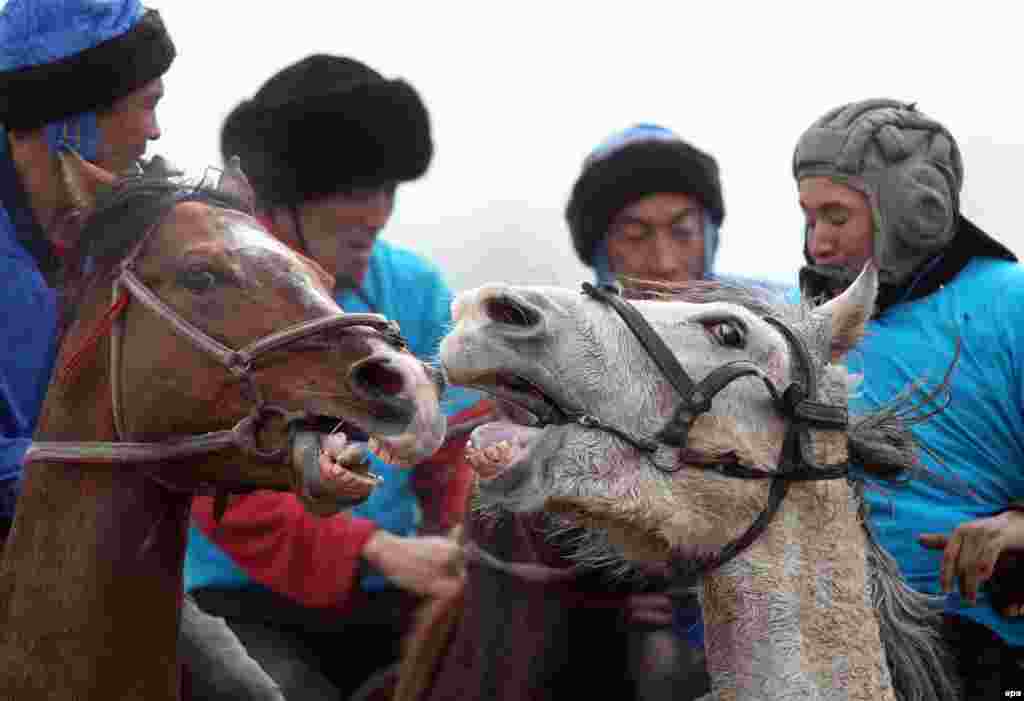 Киргизькі вершники під час традиційної середньоазійської гри в Кок-бору на святі Навруз у Бішкеку, Киргизстан, 17 березня. (Igor Kovalenko, epa)
