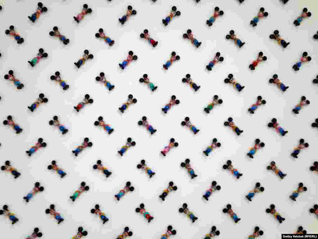 A wall of Mickey Mouse figurines is part of the "Nothing Between Us" installation by Vladimir Peric and Milos Tomic at the Serbian pavilion.