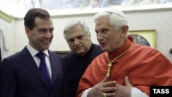 Russian President Dmitry Medvedev visits the Vatican to meet with Pope Benedict XVI on February 17.