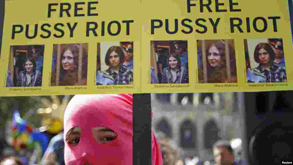 A demonstrator takes part in a rally in support of Pussy Riot in Paris on August 17.