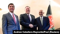 U.S. Secretary of Defense Mark Esper (left) with U.S. Secretary of State Mike Pompeo (center) and Afghan President Ashraf Ghani at the Munich Security Conference on February 14.