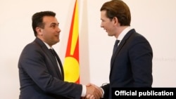 Macedonian Prime Minister Zoran Zaev (left) made his remarks after meeting with Austrian Chancellor Sebastian Kurz (right) on January 30. 