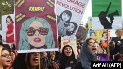 Pakistani activists rally for women's rights on International Women's Day in Lahore on March 8.