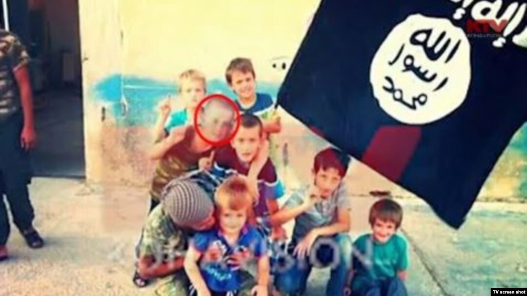 Screenshots from Kosovo TV showing Erion with an unidentified man and then later with other children in the company of IS militants in Syria