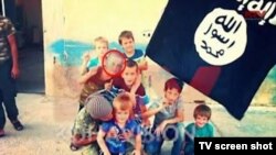 Screenshots from Kosovo TV showing Erion with an unidentified man and then later with other children in the company of IS militants in Syria