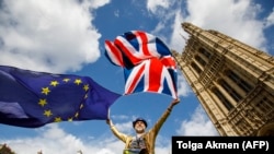Противник выхода Великобритании из ЕС проводит протест перед парламентом в первый день рассмотрения проекта о Брекзите. Лондон, 11 сентября 2017 года.